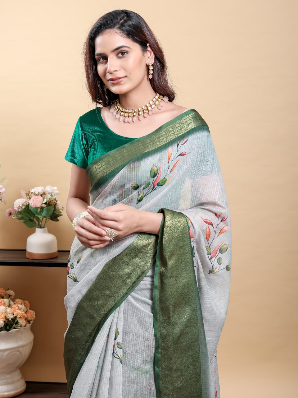 Elegant Light Grey Jacquard Patta Linen Cotton Saree with Olive Green Zari Border & Modern Floral Digital Print | Designer Festive Wear Collection
